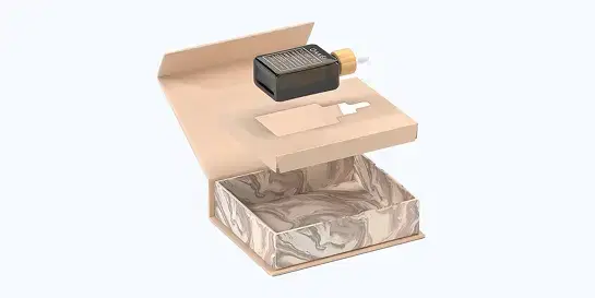 Pale pink or rose gold rigid box with marble-patterned interior base and custom-fit pale pink insert holding a dark glass dropper bottle labeled 'OXEE' with wooden top