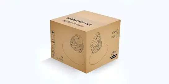 Medium-sized cube-shaped brown corrugated box with CAMPANA PRO 1404 branding and product specifications