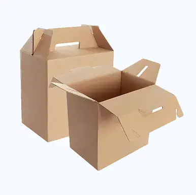 Two unbranded brown cardboard boxes - one closed with handle cut-out and one open showing corrugated interior with handle cut-outs