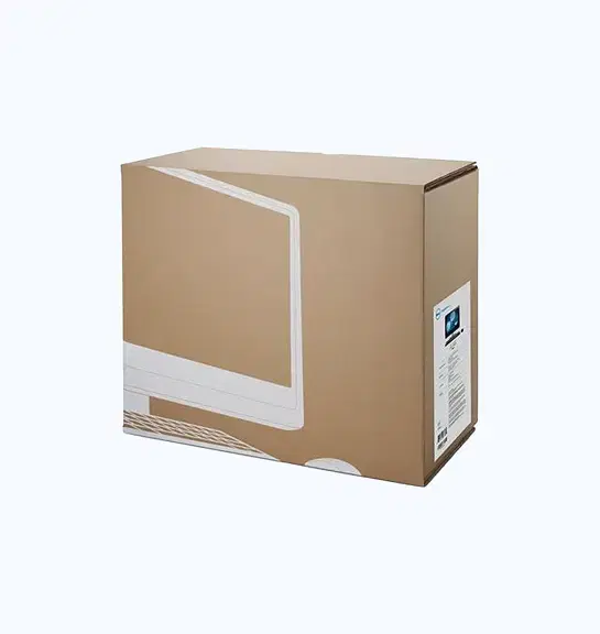 Large rectangular brown corrugated shipping box with monitor outline graphics and shipping label