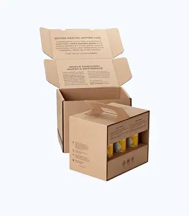 Brown corrugated cardboard shipping box with window cut-out showing three yellow cans, handle cut-out, and interior printing with Aviara branding text