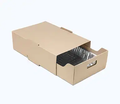 Rectangular light brown kraft cardboard box with pull-out drawer design, partially extended showing aluminum foil-lined tray with handle cutouts