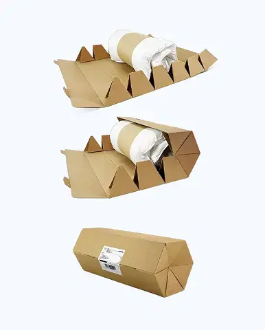 Sequence showing a custom brown cardboard self-closing shipping box being packed with a rolled white garment, from open to fully closed with a shipping label