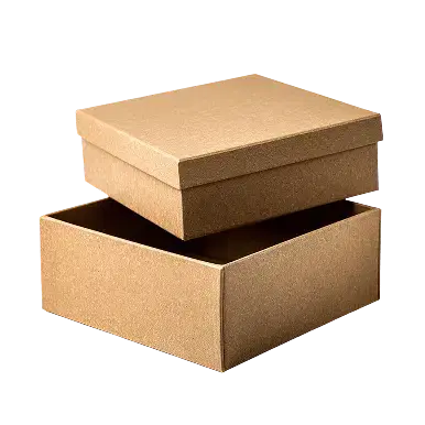 Two rectangular kraft brown cardboard boxes. The bottom box is open and empty with flaps standing upright. The top box is also open and empty with its lid slightly offset and resting partially inside the bottom box.